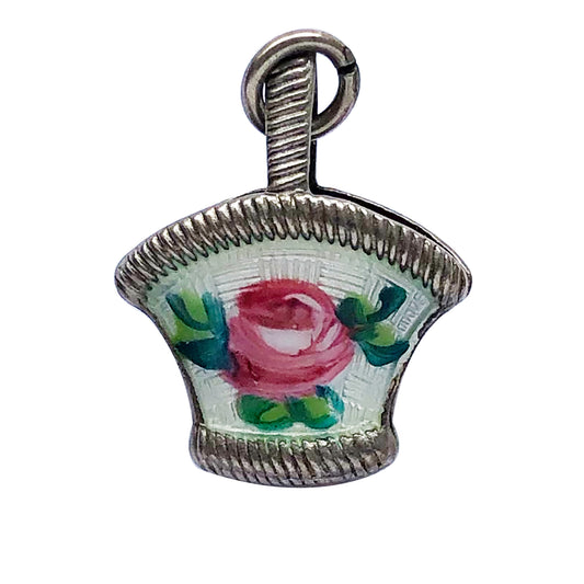 Vintage silver enamel basket charm pink rose