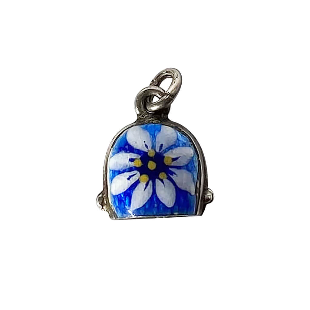 Vintage bell charm with blue enamel and white edelweiss flower 800 silver from Charmarama Charms