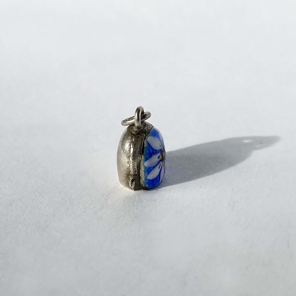 Vintage bell charm with blue enamel and white edelweiss flower 800 silver side Charmarama Charms