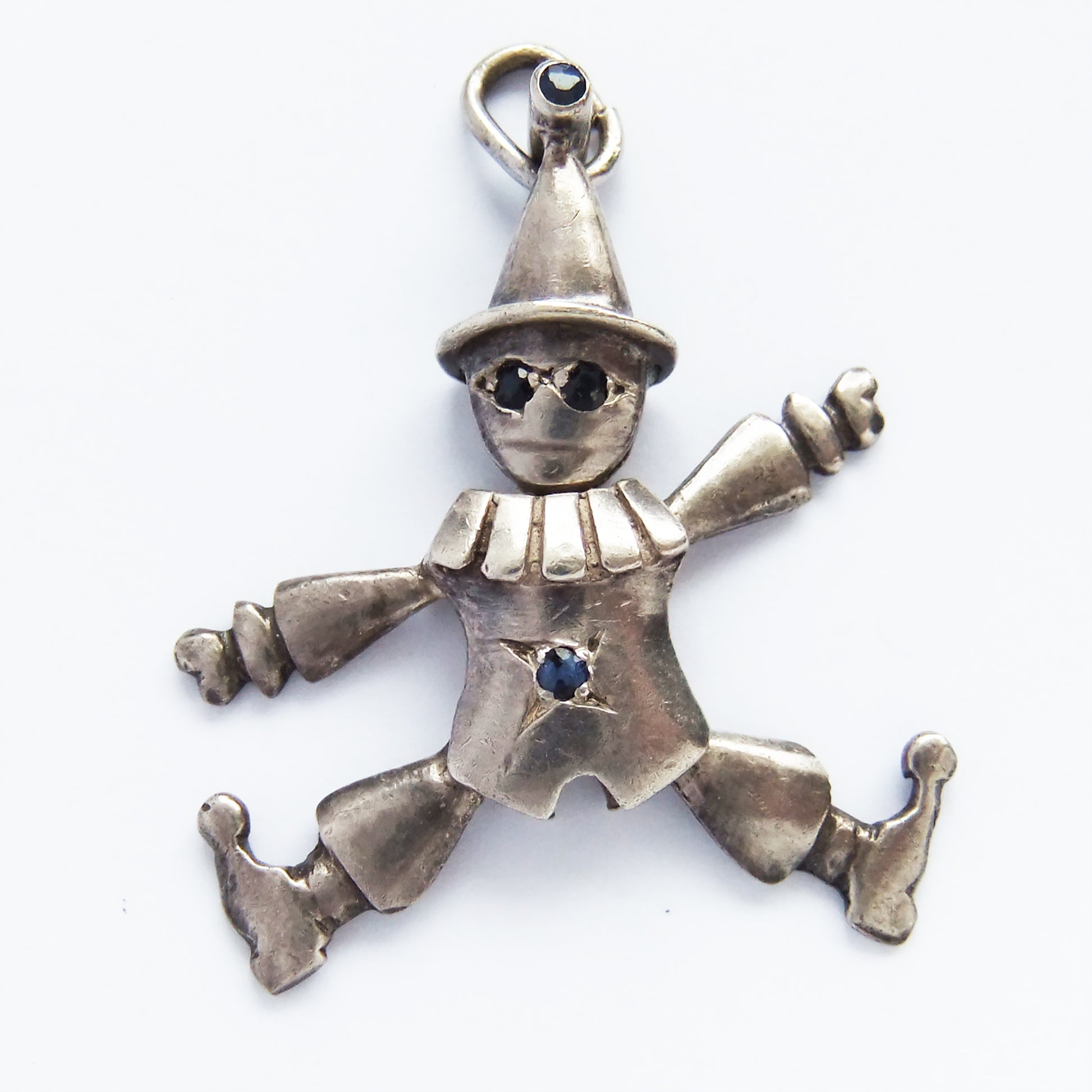 Sterling silver vintage moving clown charm with gemstone eyes