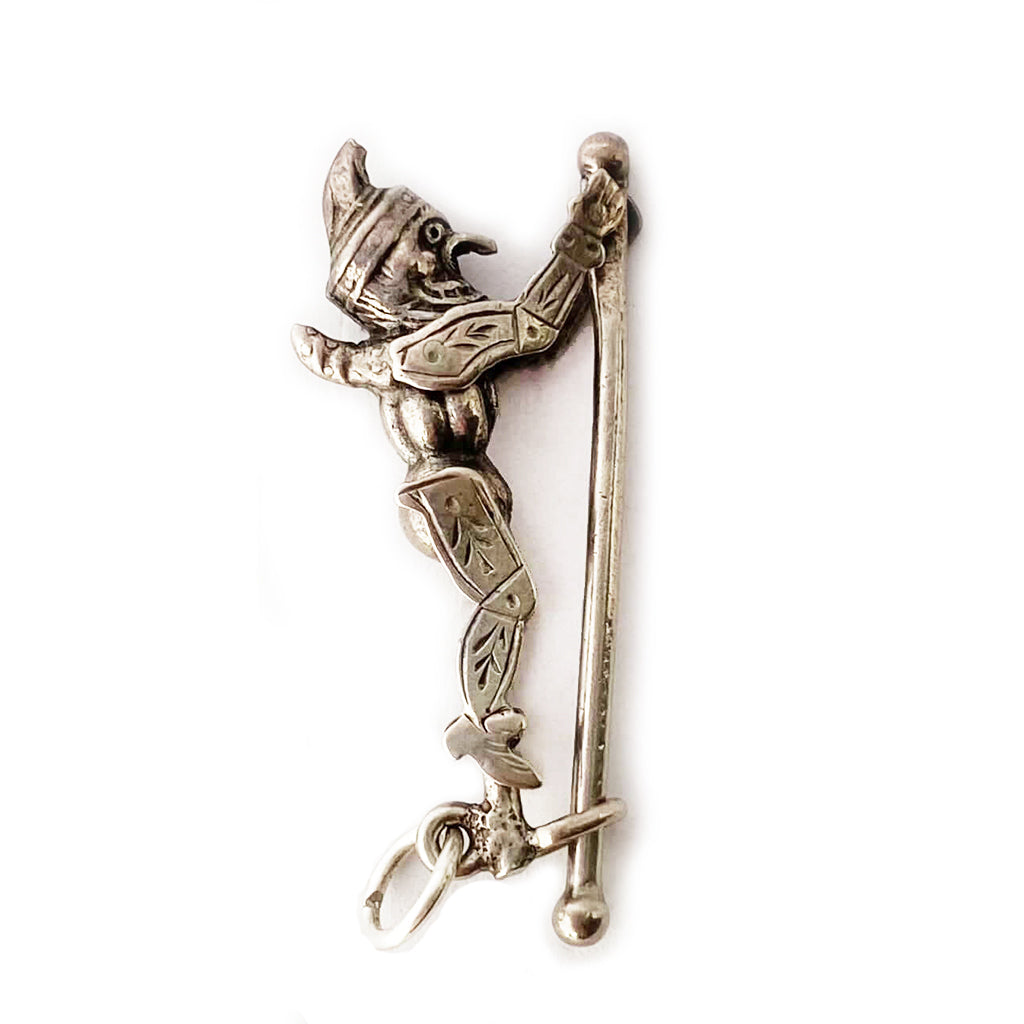 Antique Victorian punchinello clown silver punch jester pendant moving on pole