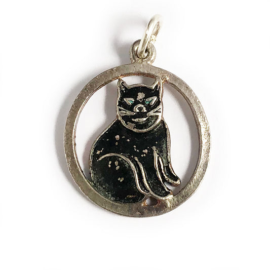 Vintage silver enamel black cat charm
