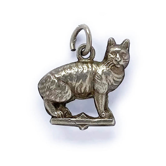 Cat charm silver vintage animal pendant English mid century