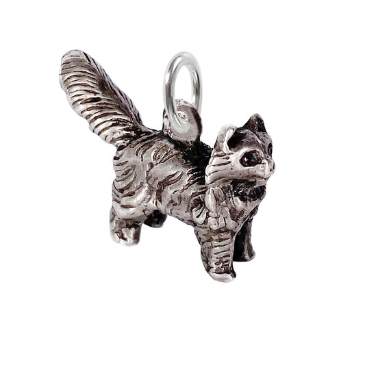 Longhaired cat charm vintage silver pendant