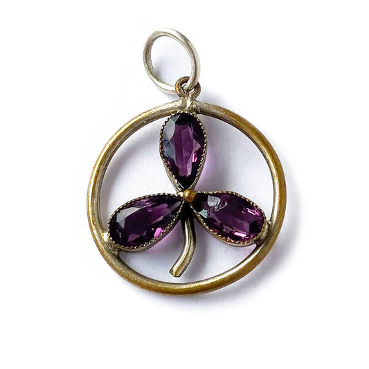 Antique French amethyst clover leaf charm gilded silver pendant from Charmarama
