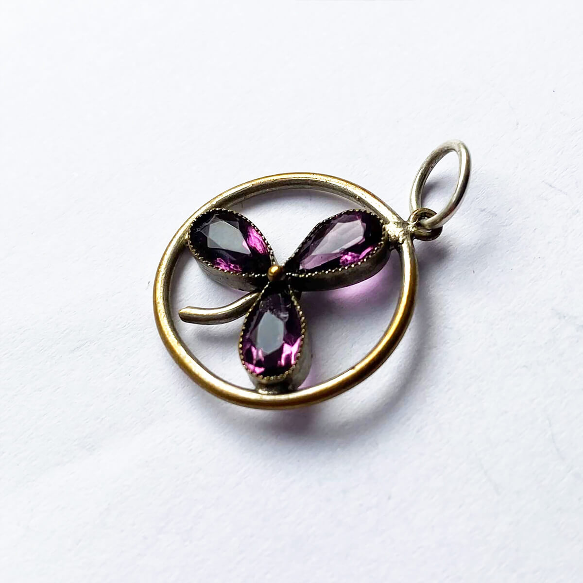 Antique French amethyst clover leaf charm gilded silver pendant from Charmarama