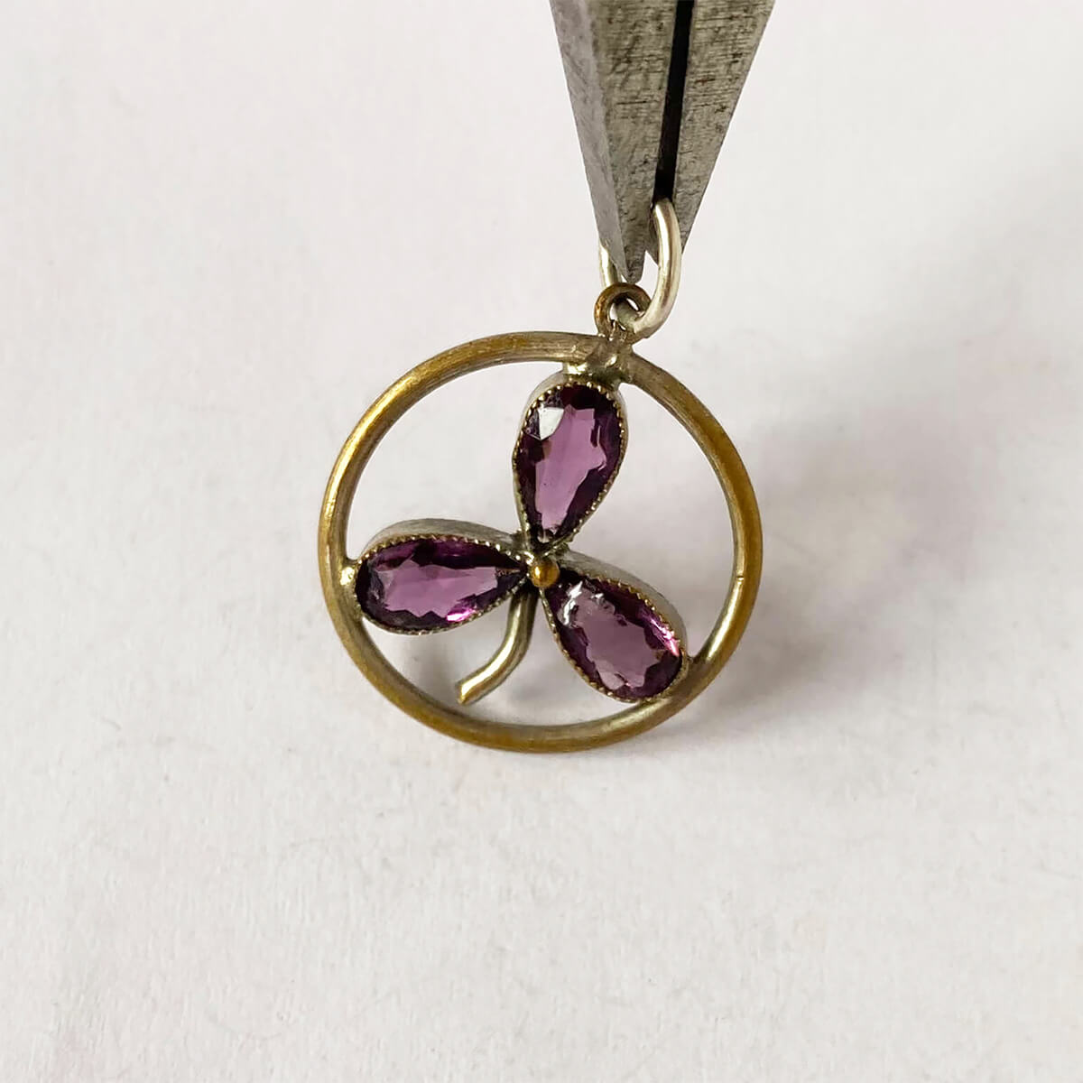 Antique French purple amethyst clover leaf charm gilded silver pendant from Charmarama