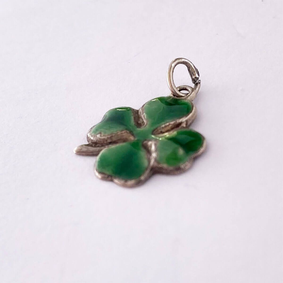 Sterling silver vintage 1940s lucky charm green enamel four leaf clover charm from Charmarama