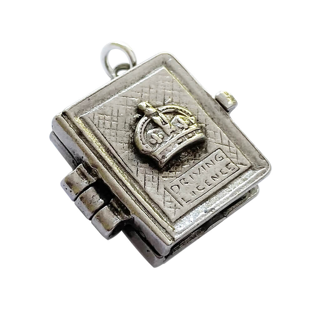 Vintage sterling silver opening driving licence charm with papers inside pendant