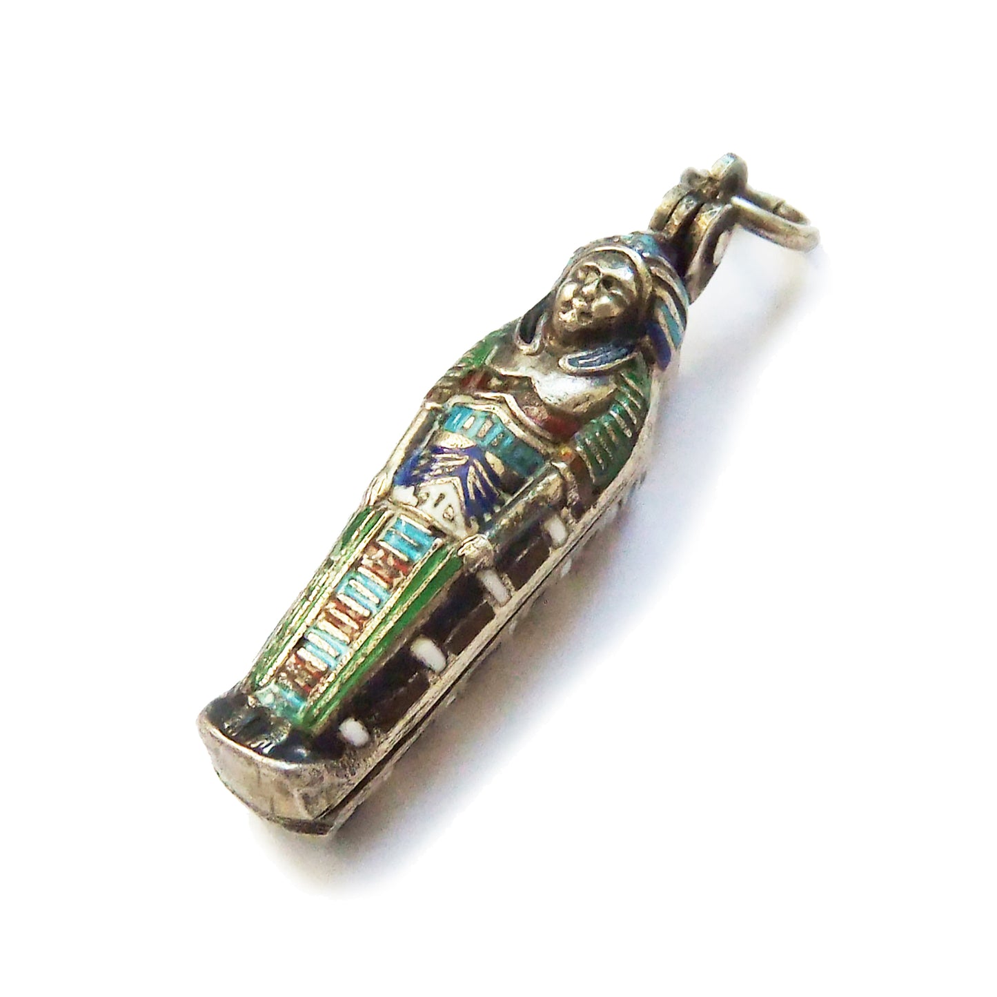 Rare Egyptian Sarcophagus and Mummy Charm Gilt Silver Enamel