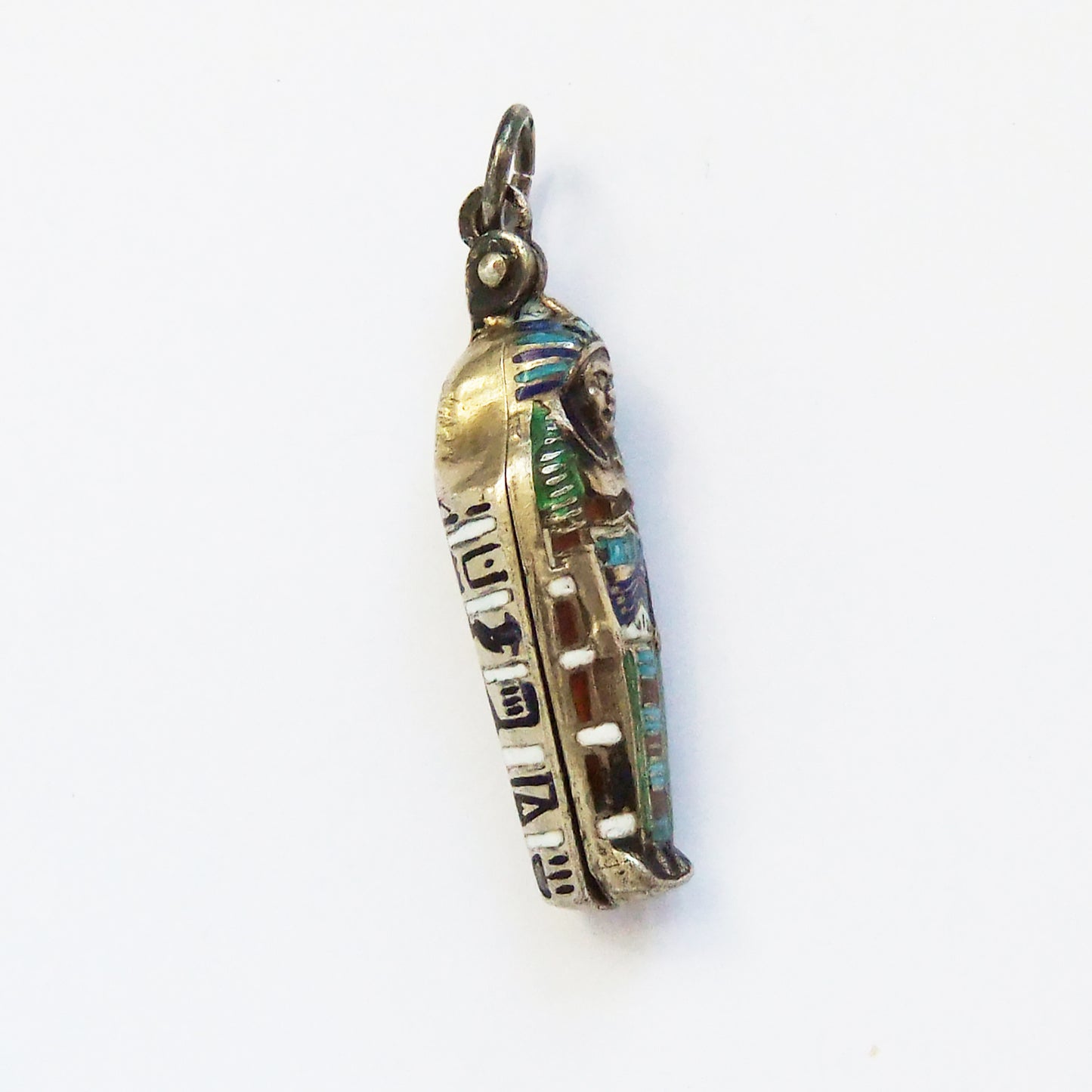 1920s Egyptian Sarcophagus Mummy Charm 800 Silver Enamel