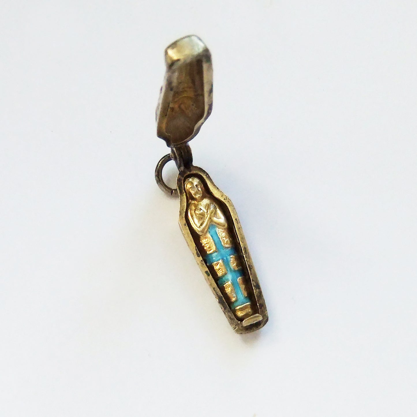 Rare Egyptian Mummy in Casket Charm Gilt Silver Enamel