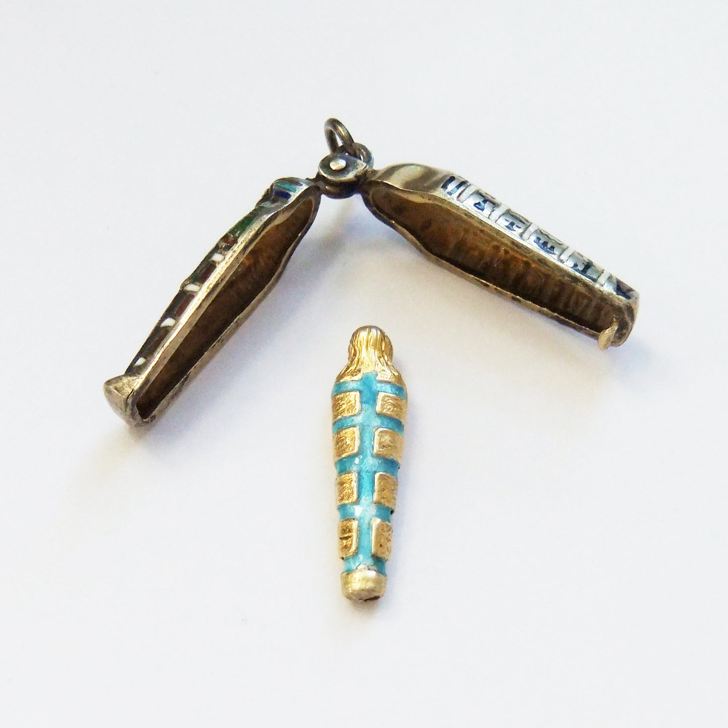 Rare Egyptian Mechanical Sarcophagus with Mummy Charm Enamel Silver