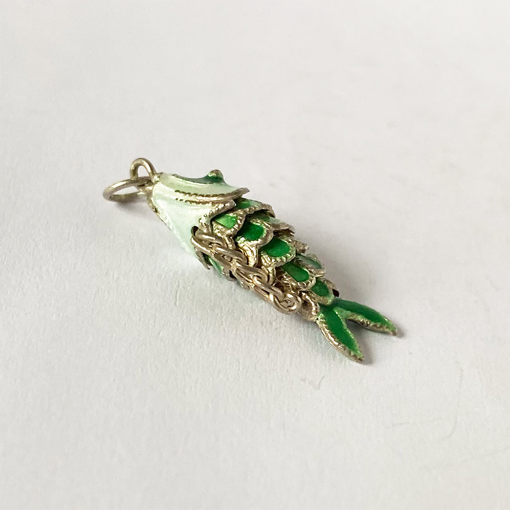 Articulated Fish Charm Vintage Green Enamel Moving Pendant