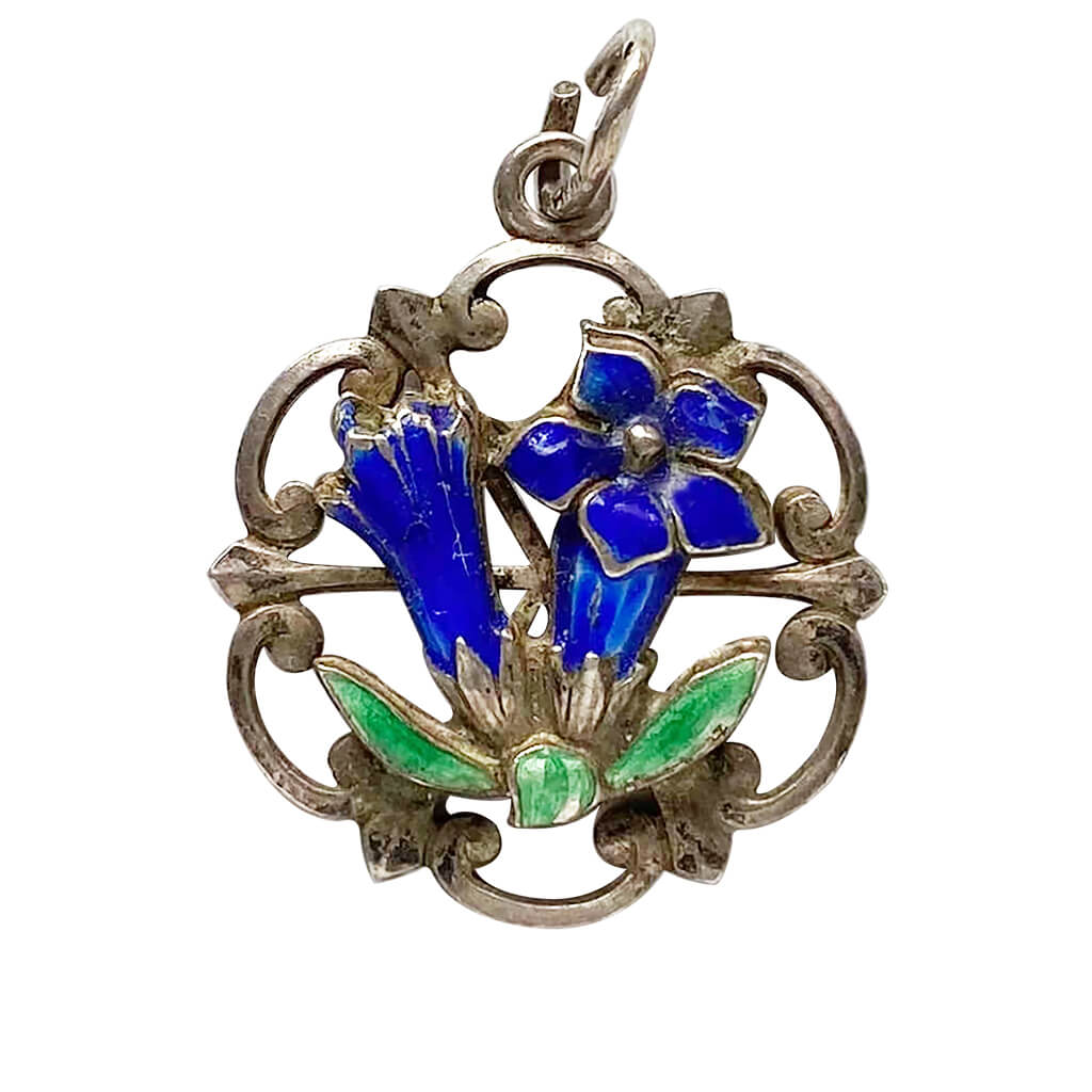 Decorative silver gentian flower charm blue enamel pendant