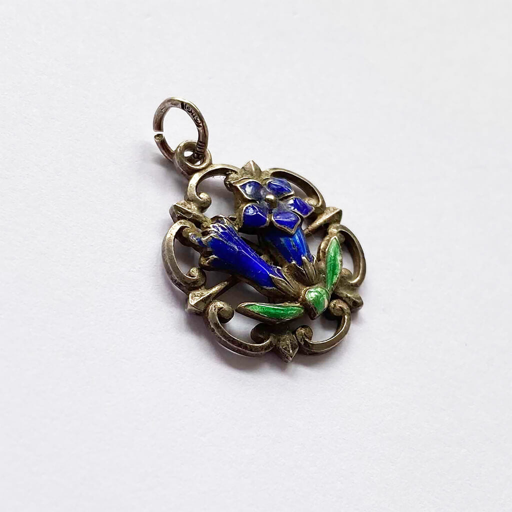 Antique silver gentian flower charm blue enamel pendant