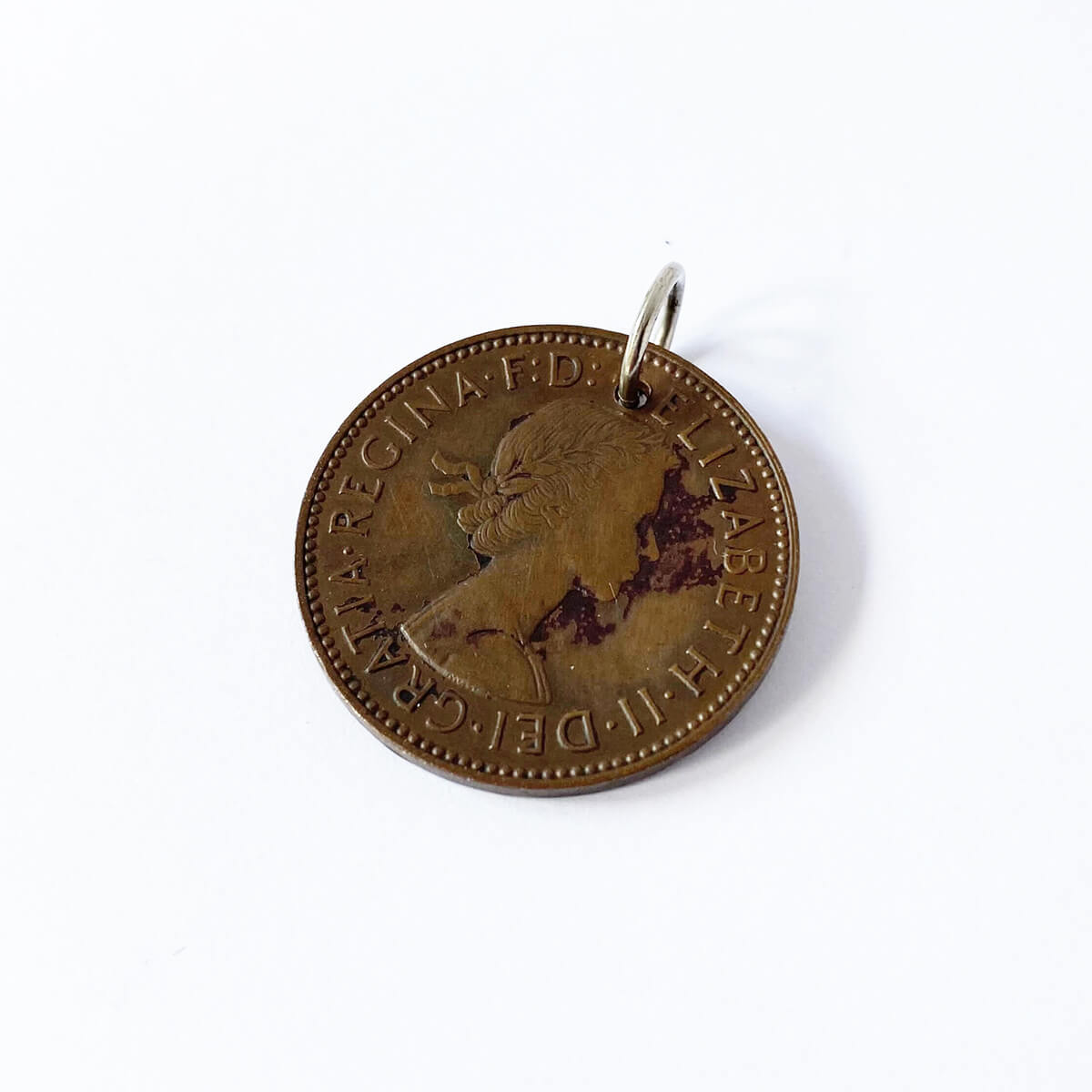 Vintage 1950s British coin charm Halfpenny Queen Elizabeth with enamel flowers pendant from Charmarama