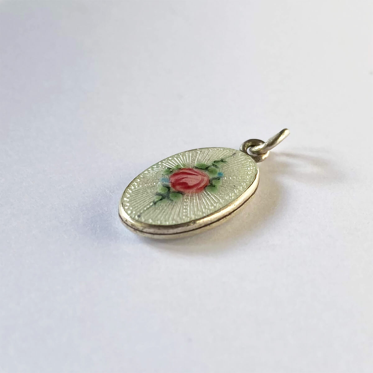 Vintage 1950s flower charm white guilloche enamel pink rose sterling silver pendant