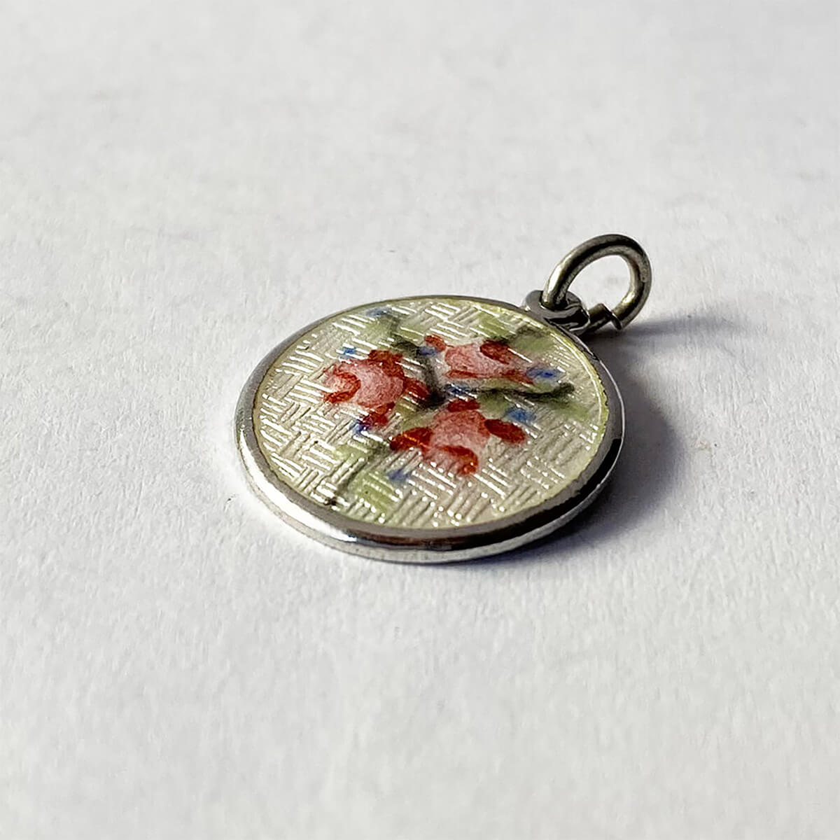 Rose flower vintage charm sterling silver and guilloche enamel pendant