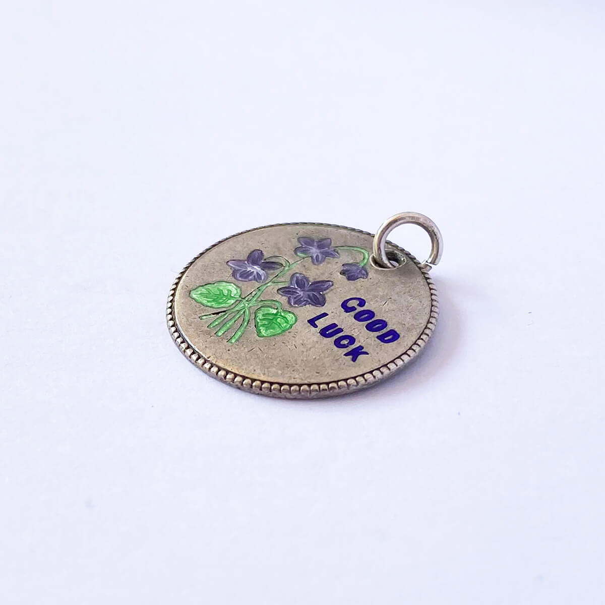 Vintage wild violets disc tag lucky charm sterling silver pendant
