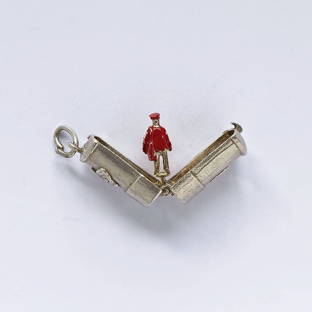 Royal Mail mailbox charm opening to red enamel postman vintage silver pendant