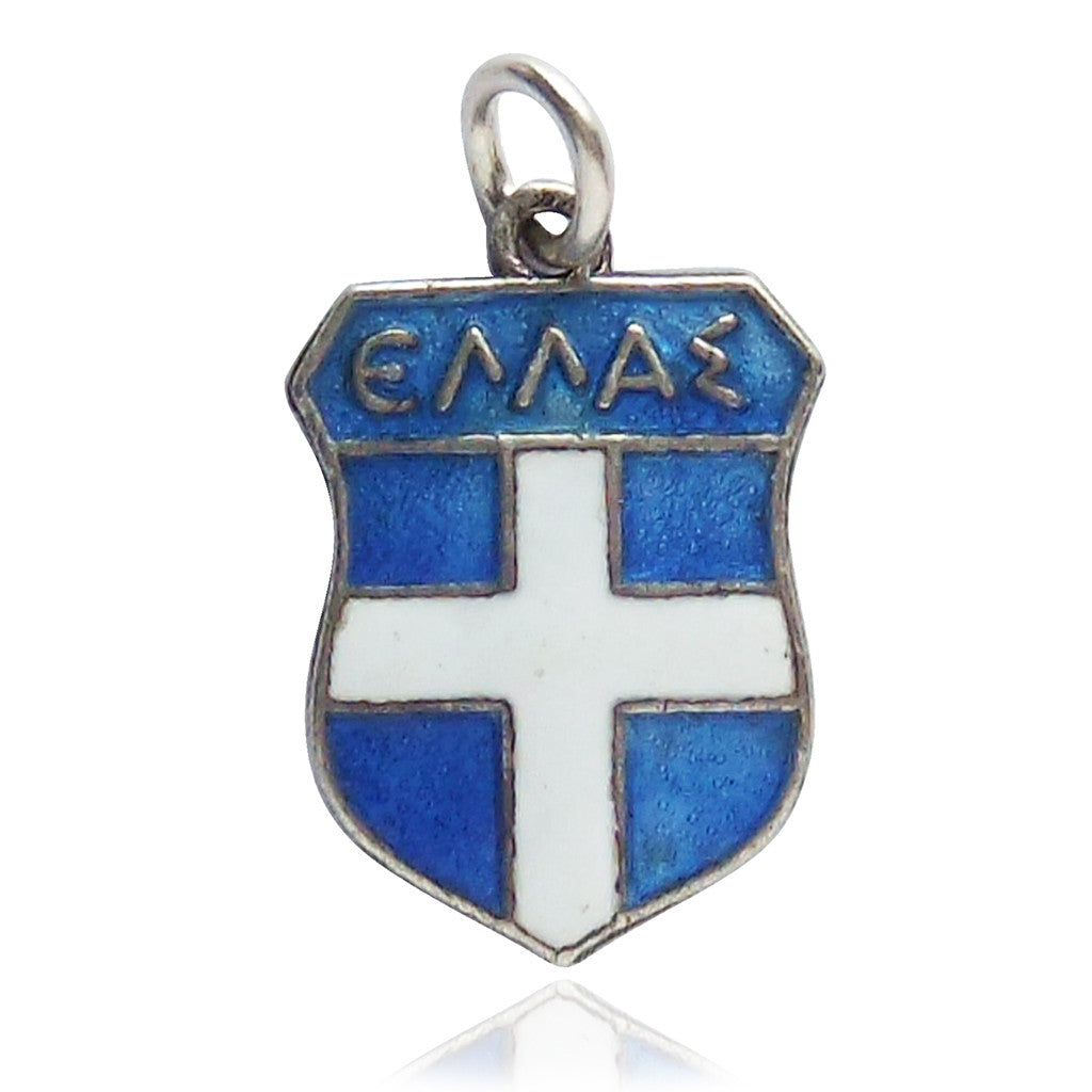 Greece Travel Shield Charm Silver Blue Enamel