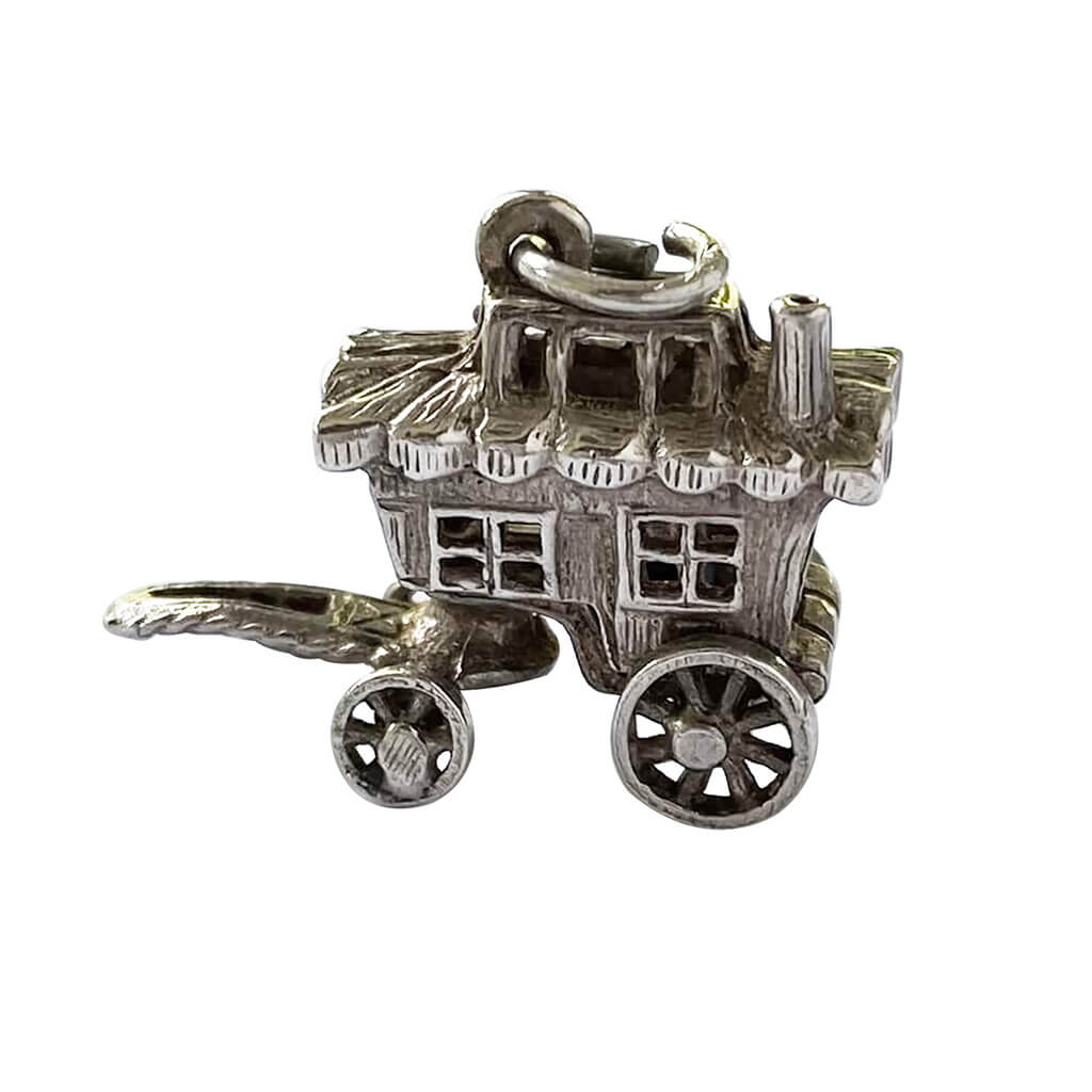 Vintage silver and enamel opening gypsy wagon charm with clairvoyant inside