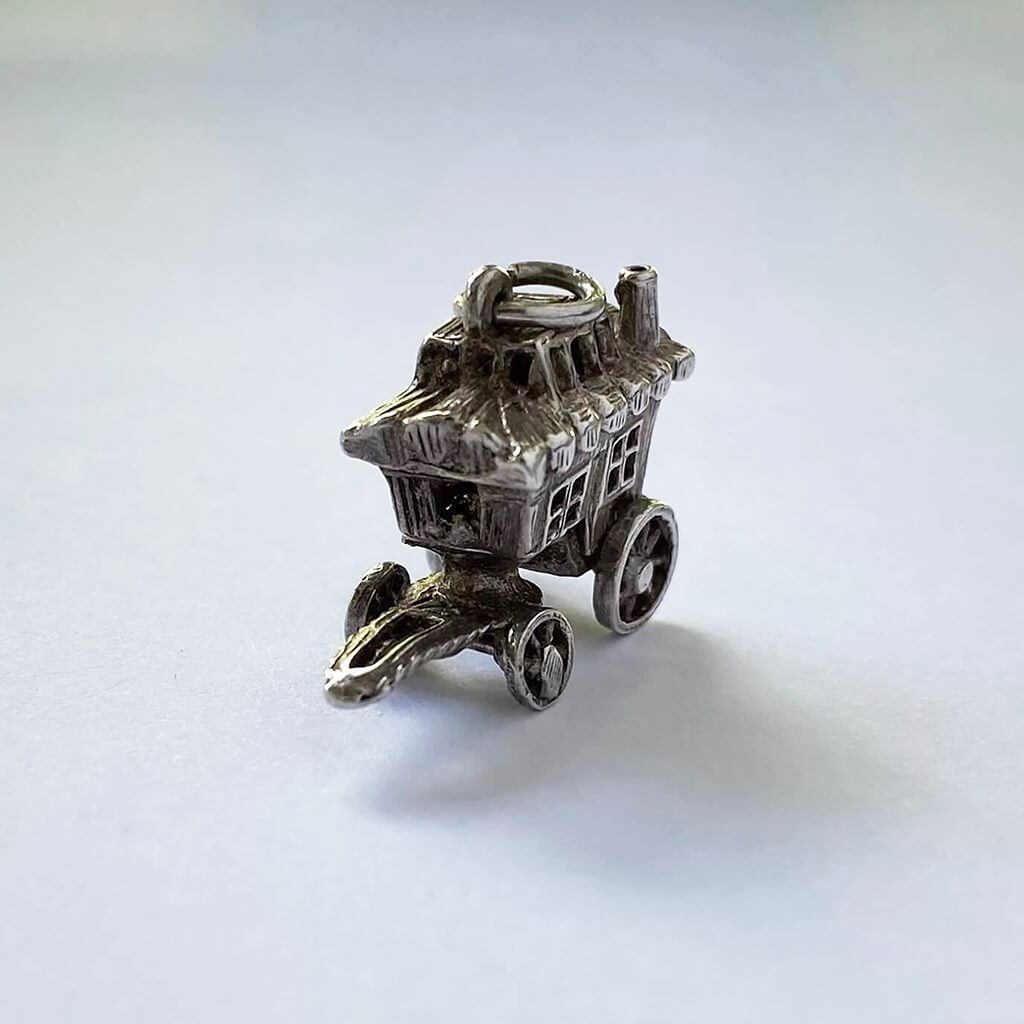 Gypsy wagon silver enamel vardo charm pendant opens to clairvoyant crystal ball vintage English