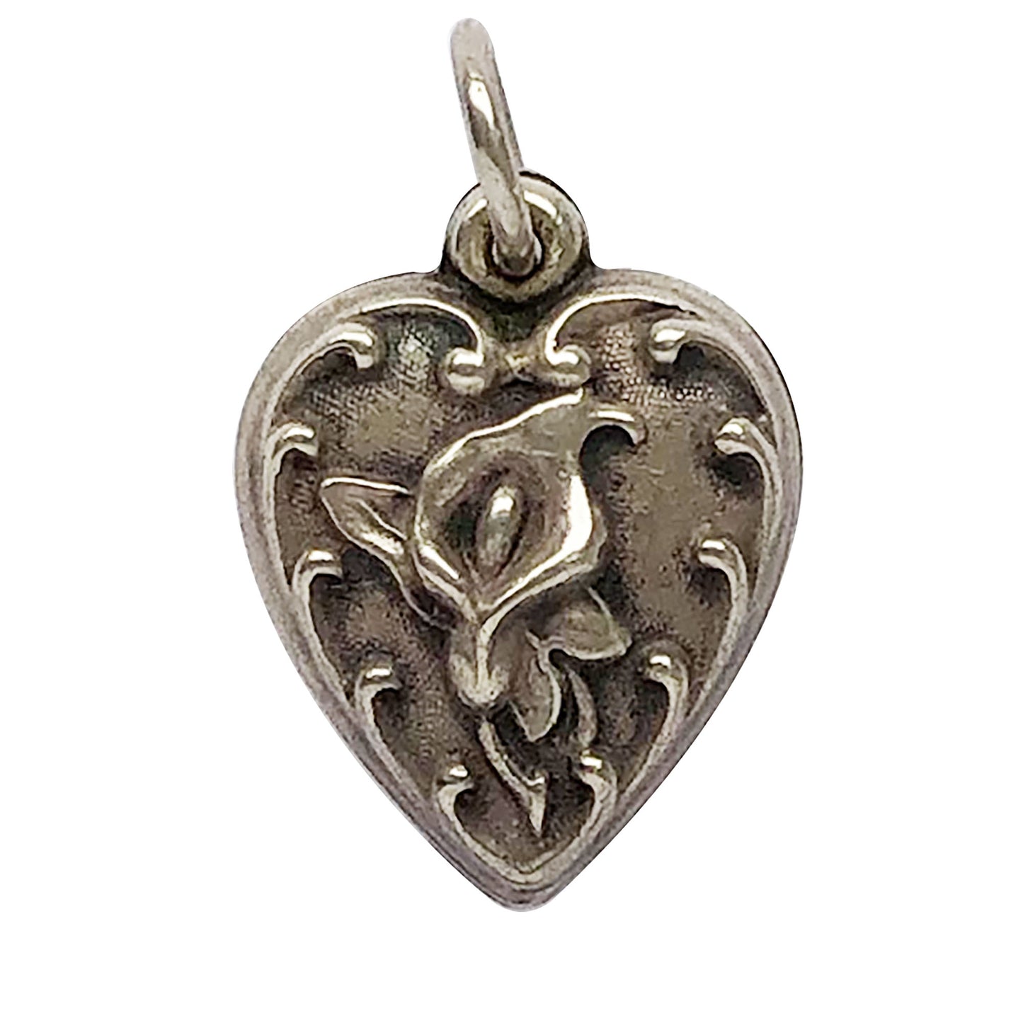 Vintage Calla Lily Puffy Heart Charm Sterling Silver