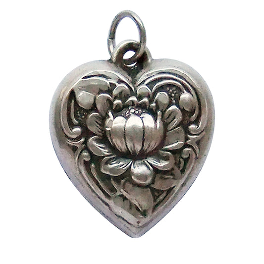 Vintage Water Lily Puffy Heart Charm Sterling Silver