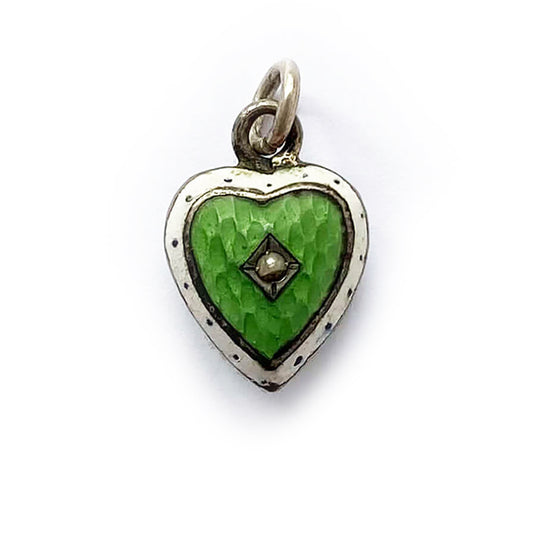 Antique heart charm enamel green with seed pearl