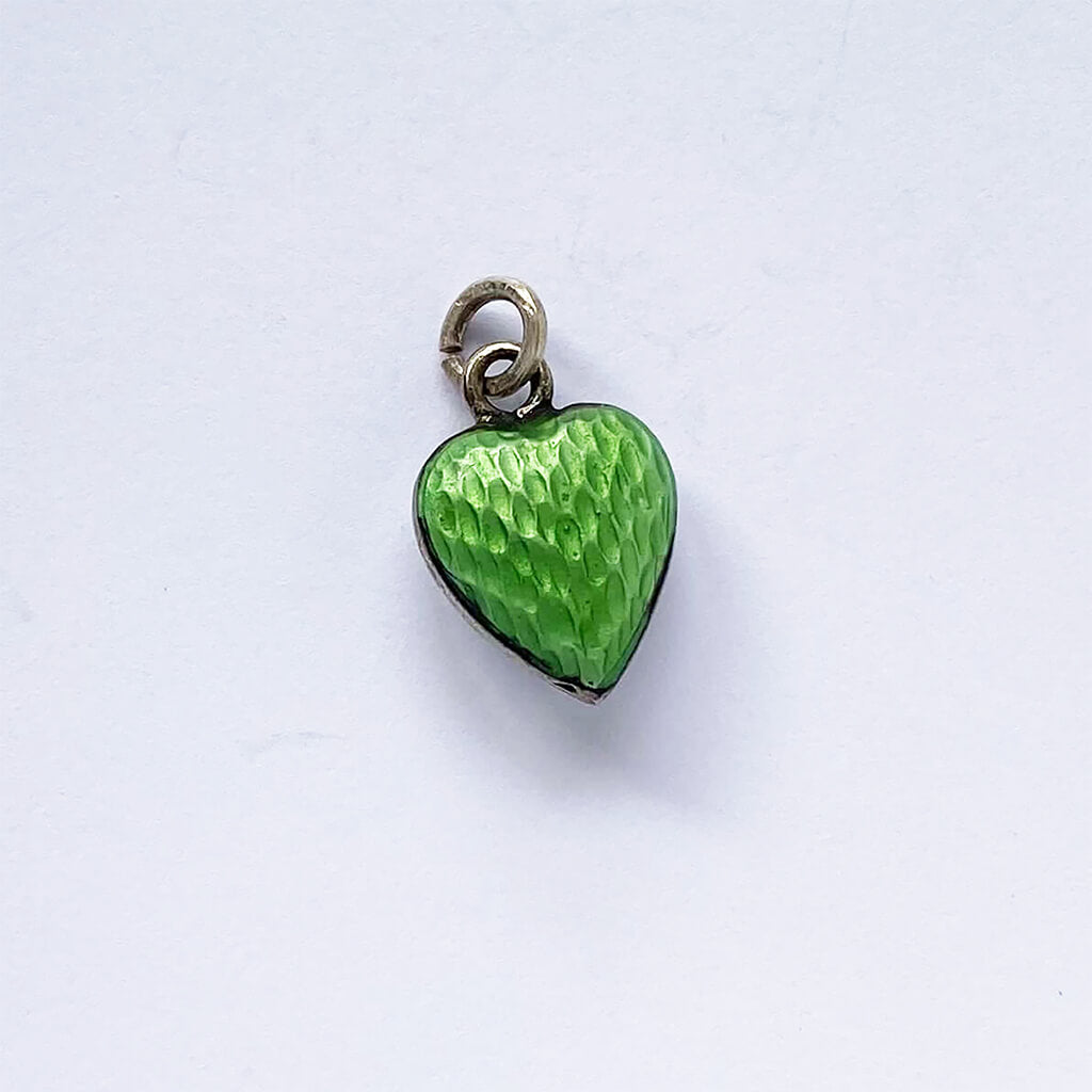 Edwardian puffy heart charm enamel green and white with seed pearl