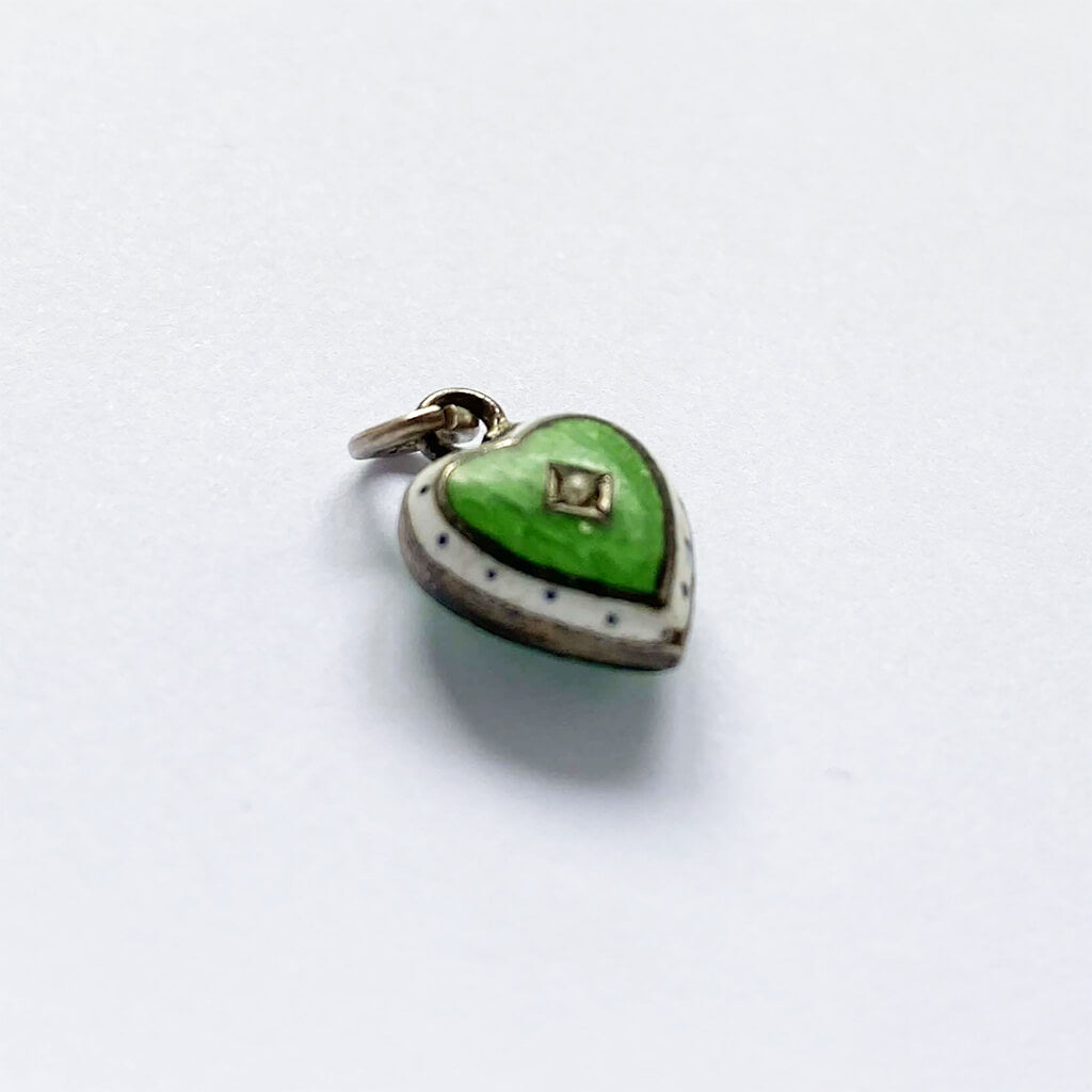 Victorian puffed heart charm enamel green and white ermine with seed pearl