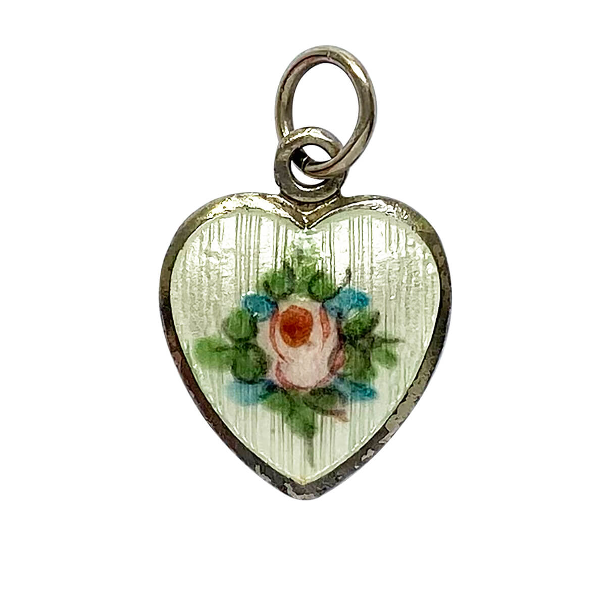 Vintage heart charm guilloche enamel rose flower sterling silver pendant from Charmarama