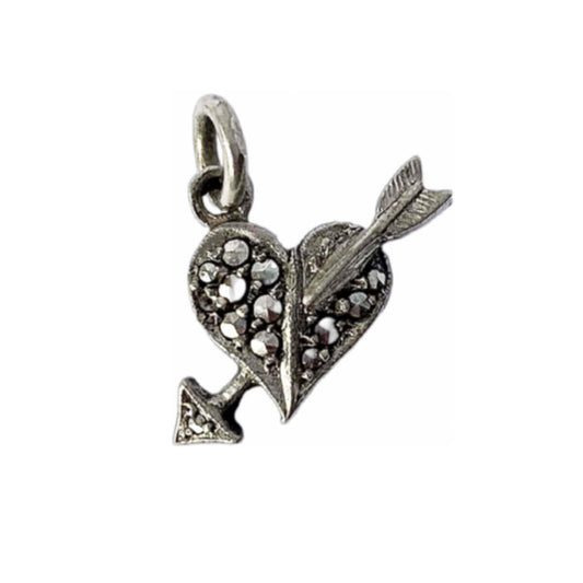 Vintage heart and arrow charm marcasite silver pendant