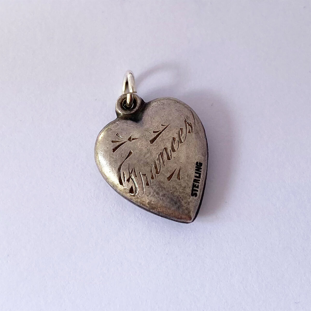 Vintage puffed heart sterling silver charm forget me not flowers for Frances name charm