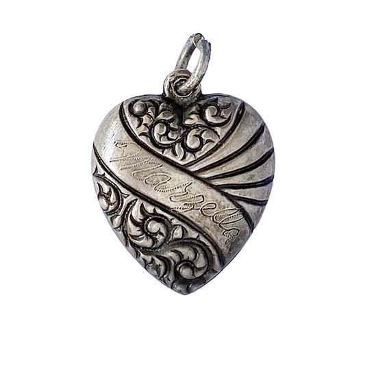 Sterling silver vintage puffy heart charm 1940s engraved pattern