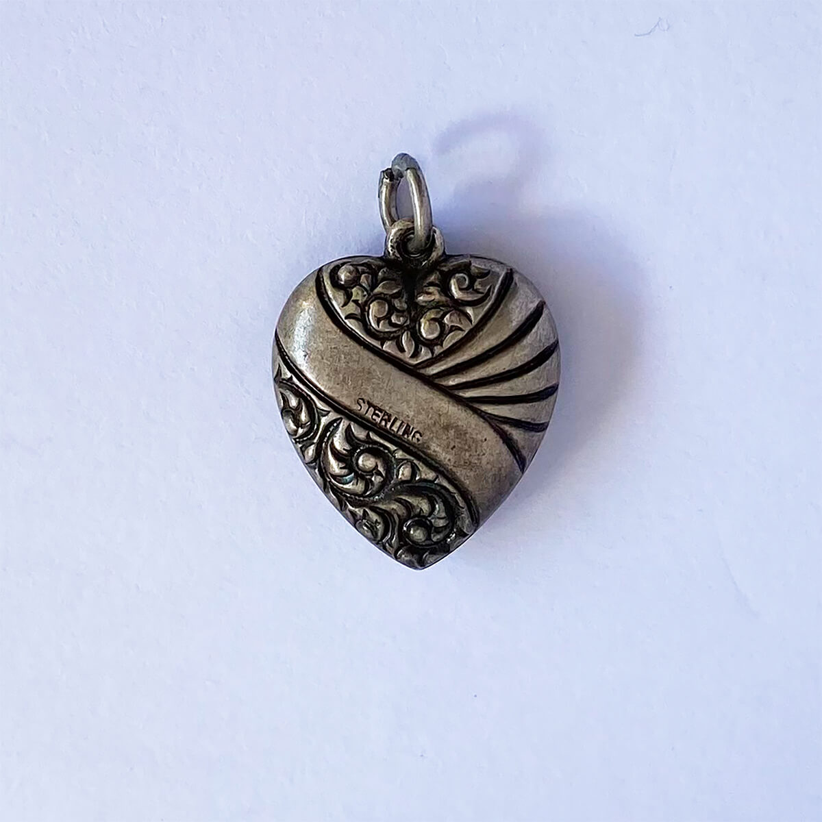 Vintage sterling silver puffed heart charm 1940s engraved pattern