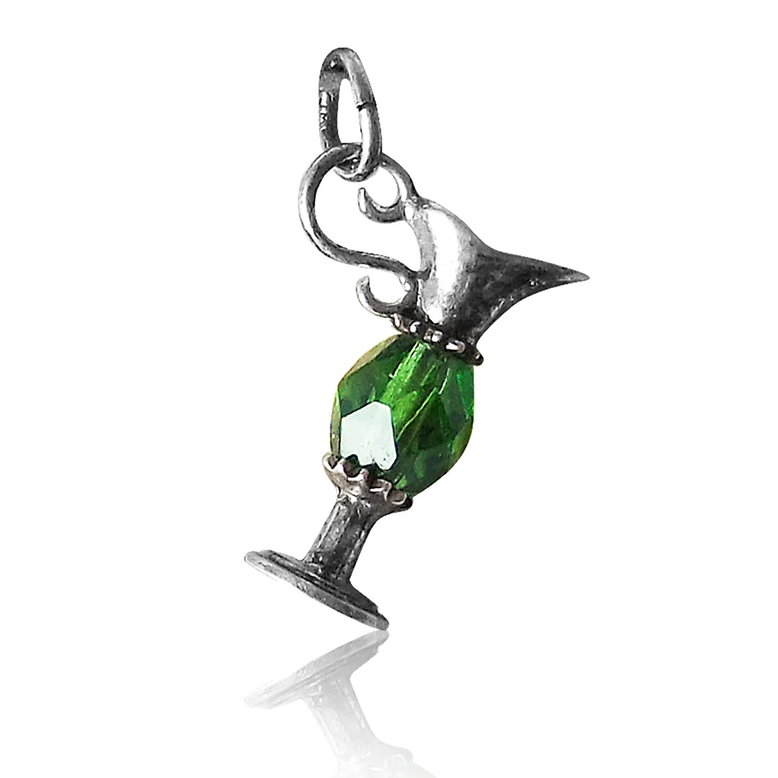 Vintage pitcher charm sterling silver with green crystal