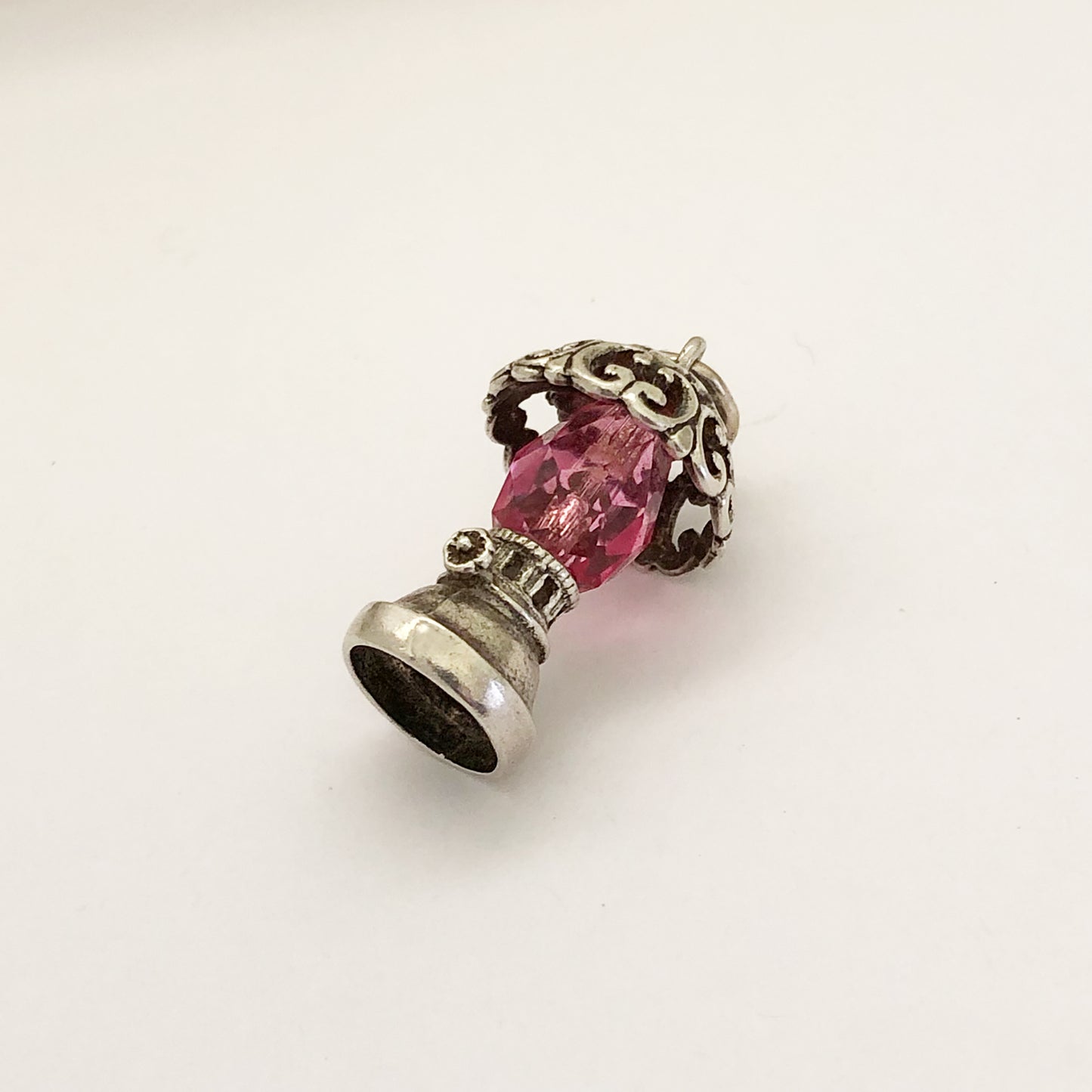 Vintage Silver Oil Lamp Charm with Pink Crystal