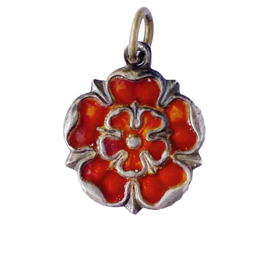 Vintage Tudor rose charm red enamel silver pendant from Charmarama