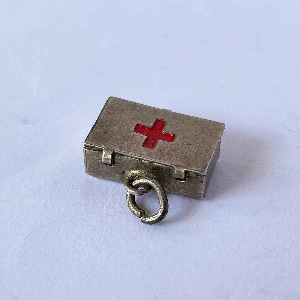 Vintage WWII Sterling silver First Aid Box Charm with red enamel cross