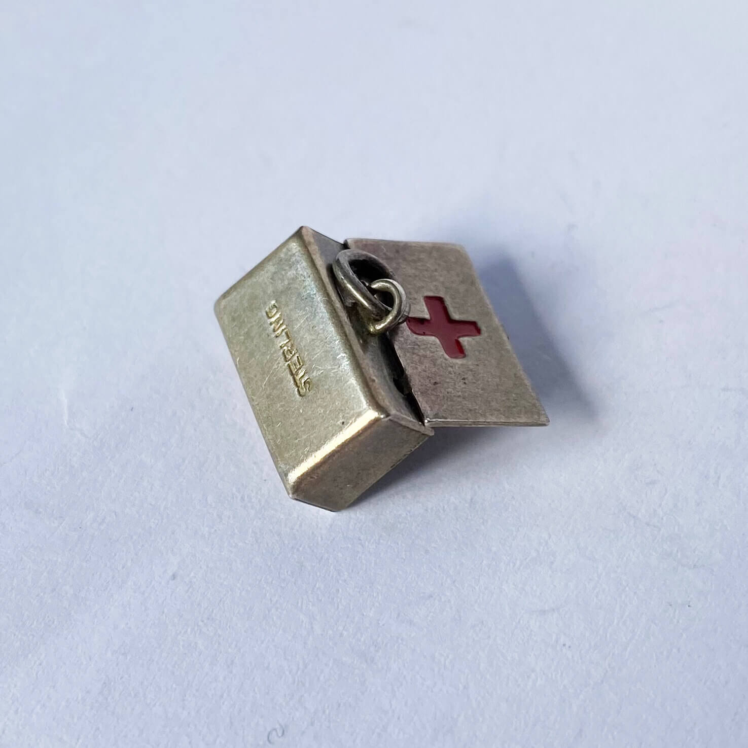 Vintage WWII Sterling silver First Aid Box Charm with red enamel cross