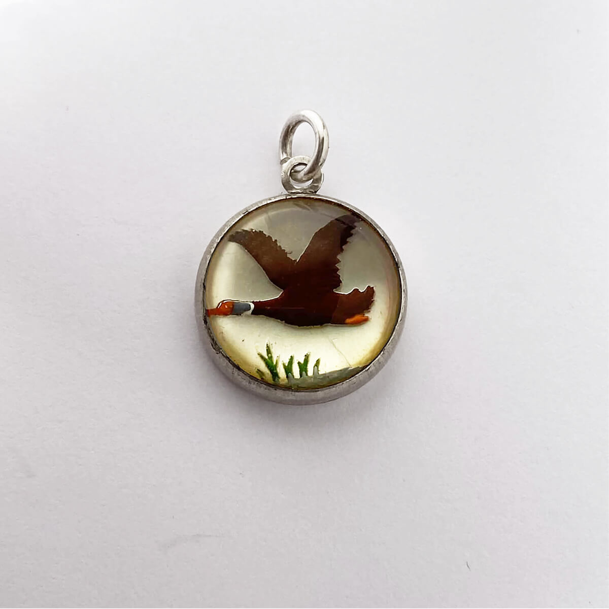 Reverse crystal duck charm sterling silver bird pendant