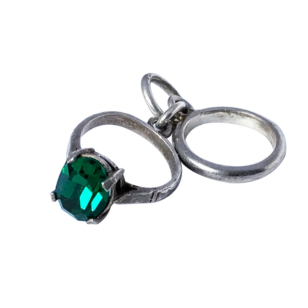 Vintage silver Engagement and Wedding Rings Charm with faux emerald stone