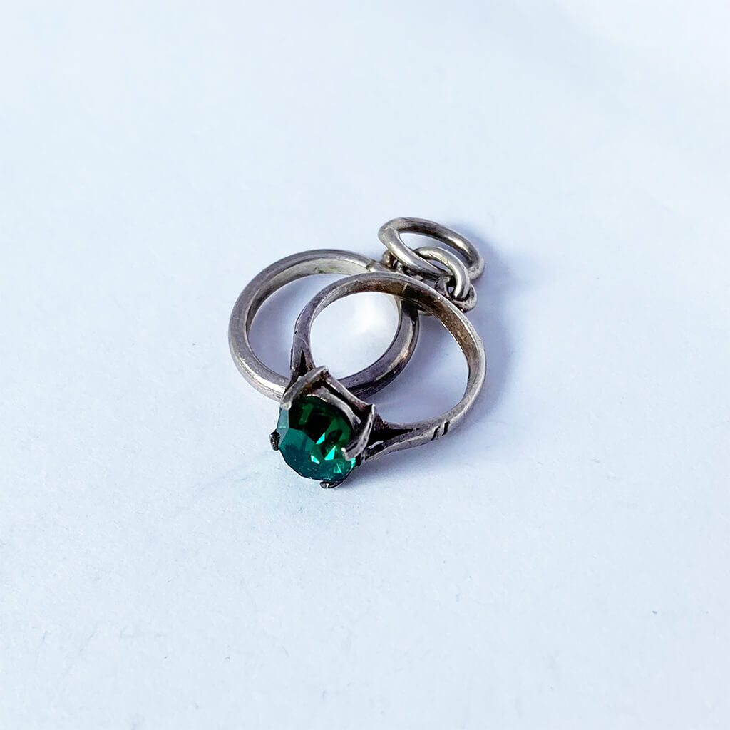 Vintage silver Engagement and Wedding Rings Charm with green stone