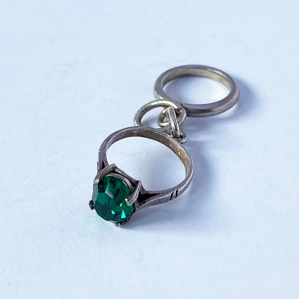Vintage silver Engagement and Wedding Rings Charm with faux emerald stone Charmarama