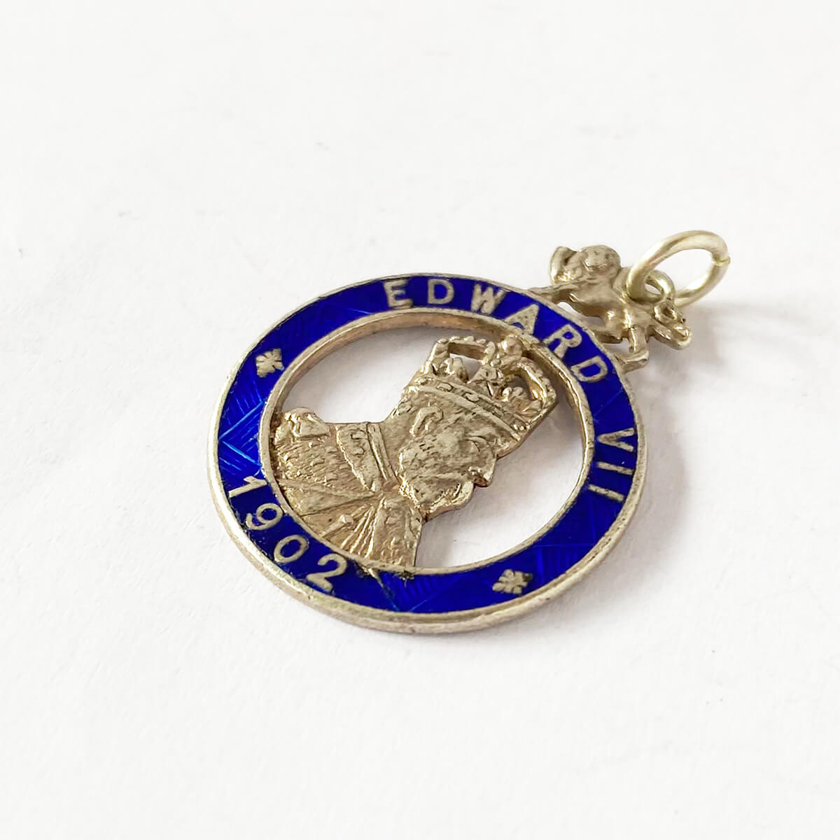 King Edward VII coronation 1902 souvenir charm by Charles Horner English silver and blue enamel Charmarama Charms