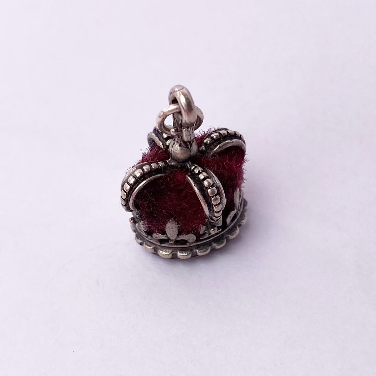Sterling silver 1950s Beau royal crown charm with red velvet fabric