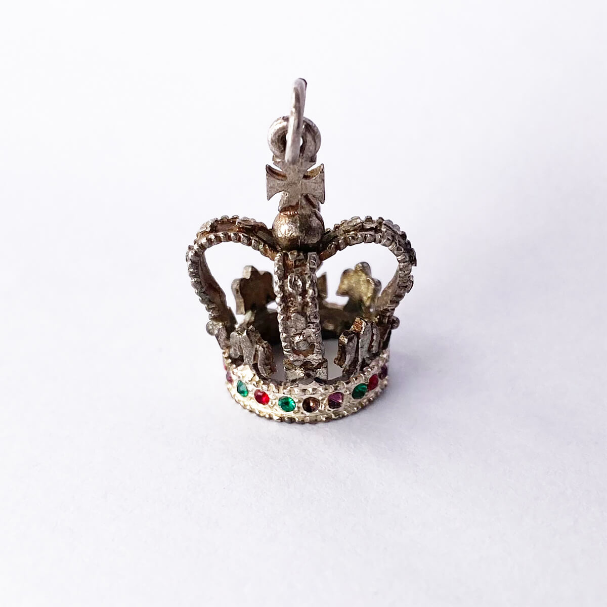Vintage coronation souvenir crown charm silver crystal and enamel pendant